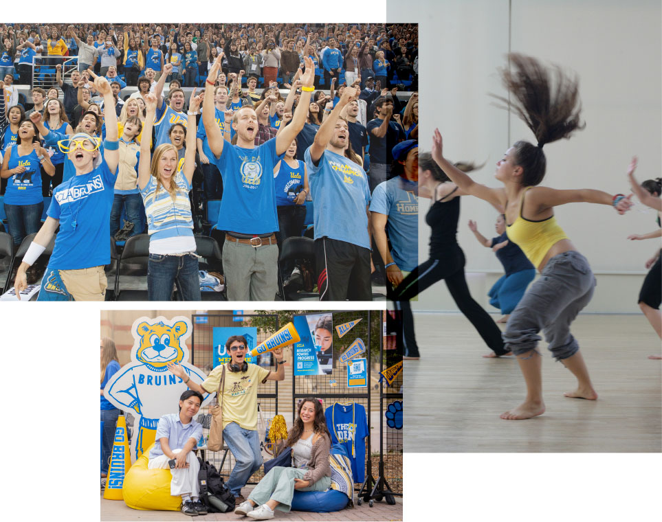 Collage of Crowd cheering, female dancing, and a group of students